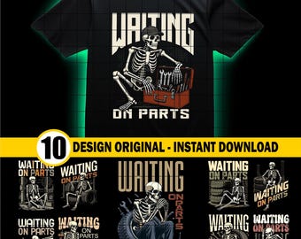 May include: Black t-shirt featuring a skeleton mechanic with a toolbox, the text "WAITING ON PARTS" and a design of 10 original designs. The design includes a skeleton with tools and tires.