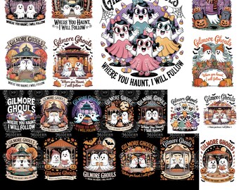 May include: A collection of Halloween-themed digital designs featuring the text "Gilmore Ghouls" and the phrase "Where You Haunt, I Will Follow." The designs include cartoon ghosts, gazebos, pumpkins, and fall foliage. "20 PNG - INSTANT DOWNLOAD" is also included.