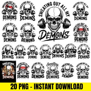 Może przedstawiać: Kolekcja czarno-białych wzorów czaszek z hantlami, tekstem "Sweating Out All My Demons" i słowem "Demons". Niektóre czaszki noszą opaski na głowę. Na dole obrazu widnieje napis "20 PNG - INSTANT DOWNLOAD".