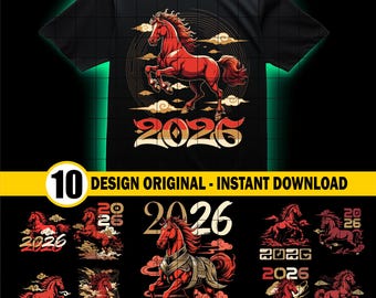 2026 Hästens år Digital konst, Kinesisk zodiak, Illustration av månnyåret, Bild för firande, Omedelbar nedladdning