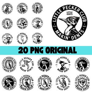 Peut inclure: Plusieurs logos noirs et blancs du Little Pecker Club. Chaque design circulaire présente une illustration de pic et le texte "Little Pecker Club" et "Makin' Dents". Le texte "20 PNG ORIGINAL" est également présent.