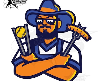 May include: A cartoon illustration of a man wearing a blue and orange cowboy hat and sunglasses. He holds a baseball and a sausage on a fork. The image includes the text "Yayah Creation Original Design" and the year "2005".