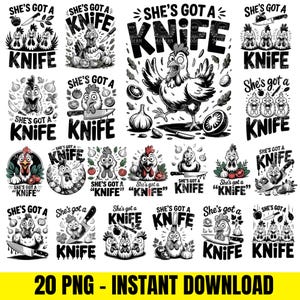 Op de afbeelding: Een verzameling zwart-wit digitale kunstafbeeldingen met kippen, messen, tomaten en knoflook. De zin "She's Got a Knife" staat in verschillende lettertypen. Geschikt voor digitale downloads, met een humoristisch thema.