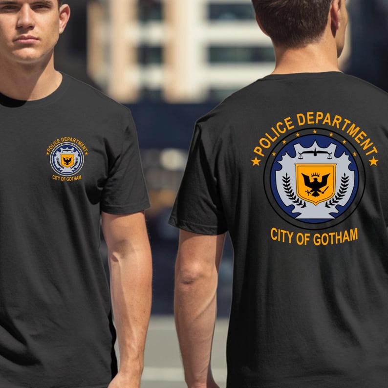 Black t-shirt with "Gotham Police Department" circular logo and shield emblem.