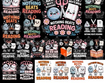 20 diseños PNG de «Nada supera la lectura» - Descarga digital para profesores de alfabetización - Imágenes prediseñadas digitales de piedra, papel o tijera para amantes de los libros