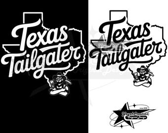 May include: Black and white graphic featuring the text "Texas Tailgater" in a stylized font, with the outline of Texas. Includes an illustration of a man with a hat, holding a beer and a sausage. Also includes a logo for "Yayah Creation Original Design."