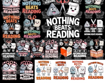 20 diseños PNG de «Nada supera la lectura» - Imágenes prediseñadas digitales de piedra, papel o tijera para amantes de los libros - Descarga digital para profesores de alfabetización