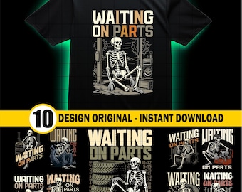 May include: Black t-shirt featuring a skeleton graphic in a garage setting with the text "WAITING ON PARTS". The design includes tools and car parts. The image also shows 10 design options.