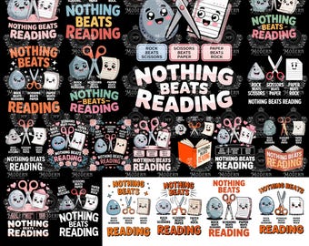 20 diseños PNG de "Nada supera la lectura" - Alfabetización para profesores - Imágenes prediseñadas digitales para amantes de los libros - Descarga digital de Piedra, Papel o Tijera -