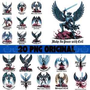 May include: Collection of 20 PNG original digital art images featuring angels with swords, wings, and the text "Make No Peace with Evil." The illustrations are in shades of blue, black, and red.