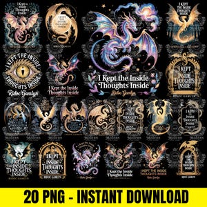 Op de afbeelding: Een verzameling van 20 PNG digitale kunstbestanden met fantasiedraken in verschillende poses en kleuren. Elk ontwerp bevat de tekst "I Kept the Inside Thoughts Inside" en de naam van de kunstenaar, Ridoc Gamlyn. De ontwerpen staan tegen een zwarte achtergrond.