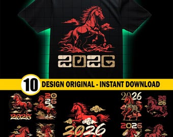 2026 Year of the Horse Digital Art, Lunar New Year Design, Chinese Zodiac Digital Print, Festive Horse Illustration Download