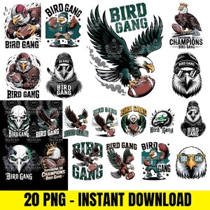 Puede incluir: Una colección de gráficos digitales con águilas con balones de fútbol americano, gafas de sol, gorros y cascos. El texto "BIRD GANG" se muestra de forma destacada. Las imágenes son de varios estilos, incluyendo ilustraciones y diseños gráficos. La parte inferior de la imagen dice "20 PNG - INSTANT DOWNLOAD".