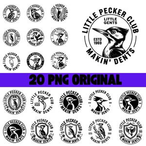 May include: A collection of 20 black and white Little Pecker Club logo designs. Each circular design features a woodpecker illustration and the text "Little Pecker Club" and "Makin' Dents". The text "20 PNG ORIGINAL" is also present.