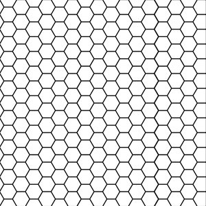 May include: A repeating pattern of black hexagons on a white background. The geometric design features a dense arrangement of honeycomb-like shapes, creating a visually textured surface. The image is a simple, high-contrast graphic.
