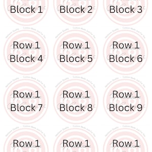 May include: Twelve white circles with pink centers, each with black text that reads "Row 1" and "Block" followed by a number 1 through 12.