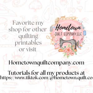 K&ouml;nnte beinhalten: Eine rosa und wei&szlig;e Illustration einer N&auml;hmaschine mit dem Text "Hometown Quilt Company, LLC" und der Website-Adresse "Hometownquiltcompany.com". Das Bild enth&auml;lt auch den Text "Favorite my shop for other quilting printables or visit" und "Tutorials for all my products at https://www.tiktok.com/@hometown.quilt.co".