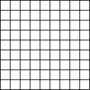 May include: A blank grid with 10 rows and 10 columns. The grid is made up of black lines.