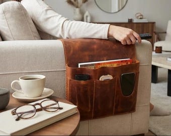 Hand Stitched Leather Sofa Caddy | Wireless Charging Armrest Organizer