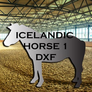 May include: A silhouette of an Icelandic horse in a gray color, with the text "ICELANDIC HORSE 1 DXF" on the horse's body. The horse is standing on a sandy surface in an indoor riding arena.