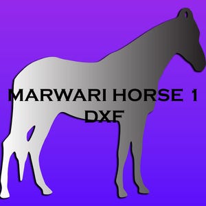 Pode incluir: Uma silhueta preta e branca de um cavalo Marwari, uma raça de cavalo nativa da Índia. A imagem é rotulada como "Marwari Horse 1 DXF".