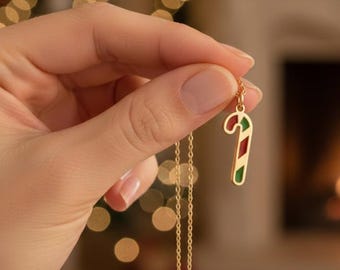 Candy Cane Necklace, Christmas Necklace for Her, Gold Xmas Jewelry, Festive Gift, Enamel Holiday Jewelry