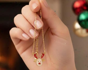 Rudolph Charm Necklace, Reindeer Necklace, Gold Christmas Pendant, Cute Holiday Jewelry, Festive Gift for Women and Girls