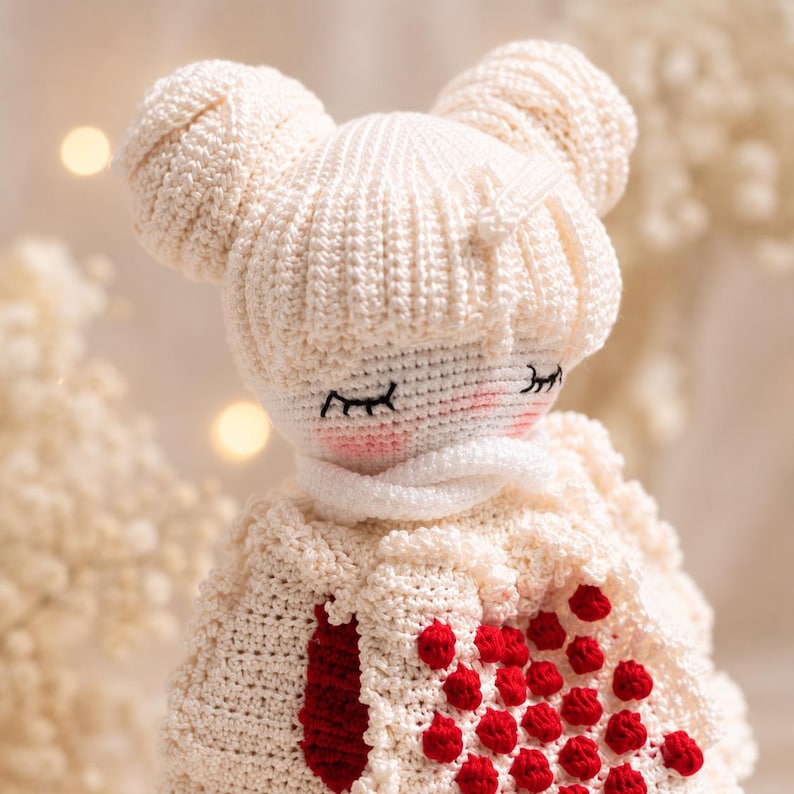 May include: A handmade crochet doll with a cream-colored body, two bun-shaped hair pieces, and a white scarf. The doll's dress features a red heart design. The doll has closed eyes and rosy cheeks.