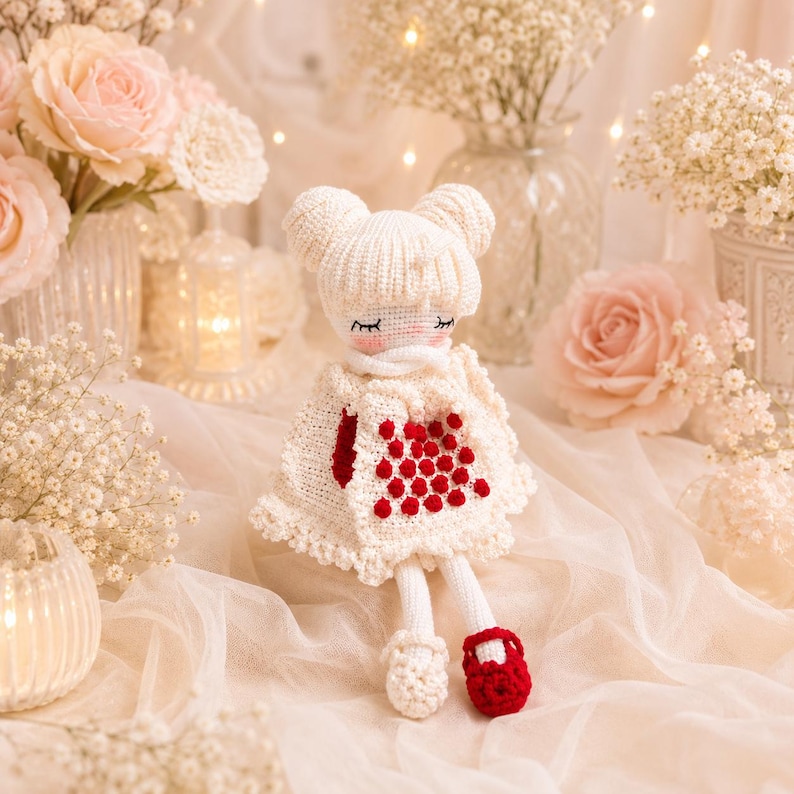 May include: A handmade doll with a white knitted dress and hat, featuring red accents on the dress and red shoes. The doll has closed eyes and a delicate scarf. The background includes soft pink roses and baby's breath.