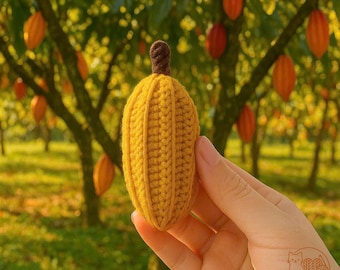 Vainas de cacao de ganchillo, granos de cacao realistas hechos a mano, decoración rústica para la cocina, regalo artesanal para amantes del chocolate.