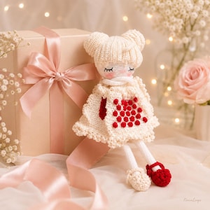 May include: A handmade crochet doll with a cream-colored dress and hat, featuring red heart-shaped details. The doll has closed eyes and red shoes. A pink ribbon and a gift box are in the background.