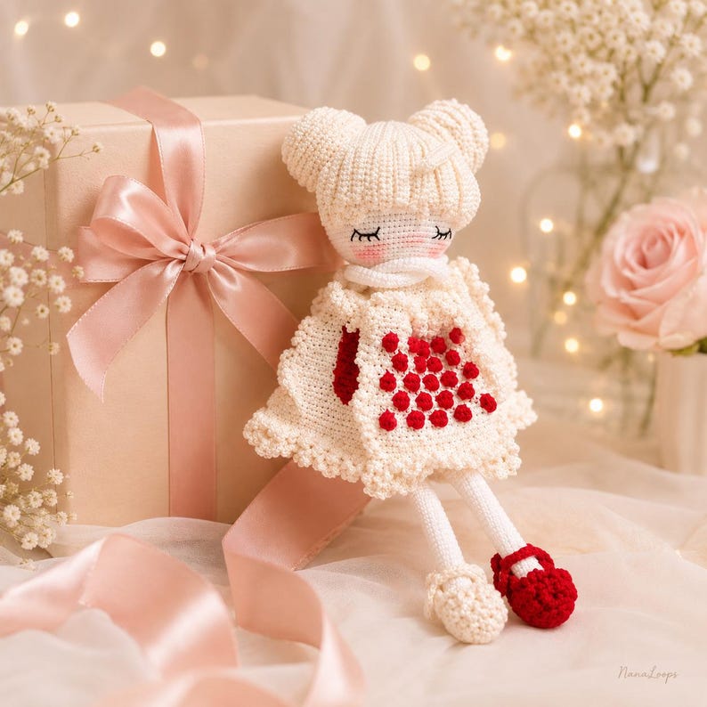 May include: A handmade crochet doll with a cream-colored dress and hat, featuring red heart-shaped details. The doll has closed eyes and red shoes. A pink ribbon and a gift box are in the background.