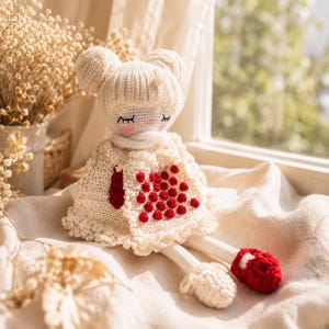 May include: A handmade crochet doll with a cream-colored body, two bun-shaped hair pieces, and closed eyes. The doll wears a cream dress with a red heart design and red shoes. The doll is sitting on a cream-colored cloth.