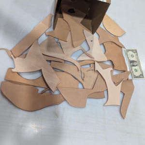 May include: A collection of irregularly shaped, tan leather pieces spilling from a cardboard box. The pieces vary in size and shape, suggesting they are cut-offs or remnants. A one-dollar bill is included for scale, indicating the size of the leather pieces.