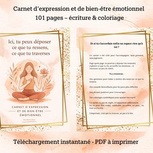 Peut inclure: Un téléchargement numérique d'un carnet intitulé "Carnet d'expression et de bien-être émotionnel" de 101 pages, pour l'écriture et le coloriage. La couverture présente une illustration d'une personne en méditation. Le carnet est axé sur le bien-être émotionnel.