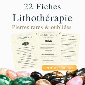 Peut inclure: Un téléchargement numérique de 22 fiches de lithothérapie. Les fiches, avec des titres comme "Séraphinite" et "Shungite Élite", sont présentées avec une collection de pierres précieuses colorées. Le texte "PDF à imprimer" est visible.