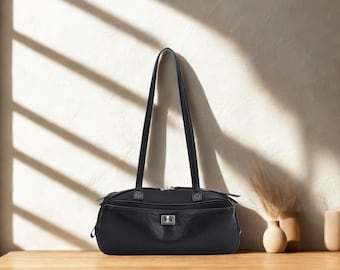 Black Vegan Leather Retro Bowling Bag, Vintage Style Shoulder Tote Purse