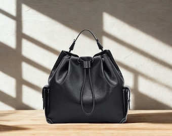 Black Faux Leather Bucket Bag – Spacious Drawstring Handbag