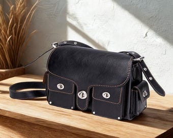Vintage-Inspired Black PU Leather Crossbody Bag – Multi-Pocket Satchel