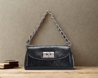 Vintage Black Vegan Leather Shoulder Bag, Silver Chain Strap Evening Purse
