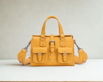 Yellow Satchel Bag: Structured PU Leather Top Handle Crossbody
