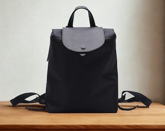 Black Fabric Backpack: Minimalist PU Leather Flap Daypack