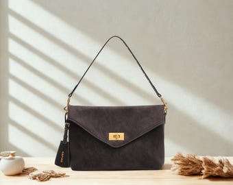 Brown Structured Envelope Crossbody Bag, Minimalist Everyday Flap Purse