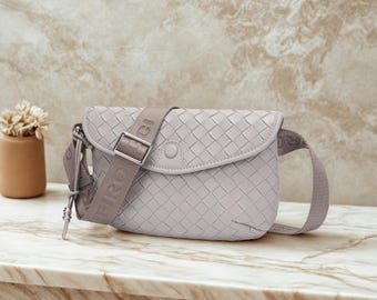 Grey Woven Crossbody Bag: Lightweight PU Leather Shoulder Purse
