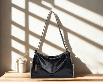 Slouchy Hobo Bag, Black Shoulder Bag for Women, Everyday Tote Purse, Large Capacity Handbag