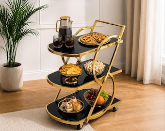 Luxus-Gold-Bar-Wagenwagen, moderner Roll-Servierwagen, Schwarzglas-Barwagen, Hausbar-Getränkewagen, Küchen-Getränkewagen-Dekor