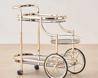 Carrito de bar dorado, carrito de servicio de estilo vintage, carrito de bebidas con estante de cristal