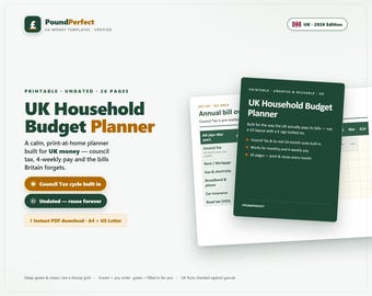 Planificateur de budget familial britannique | Sans date, taxe d'habitation, paie sur 4 semaines (PDF A4/Lettre US)