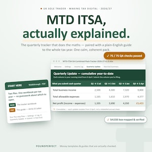 May include: A digital tax tracker pack titled MTD ITSA, actually explained. It includes a spreadsheet interface showing quarterly business income, expenses, and net profit, alongside a Start Here guide detailing file usage for the 2026/27 tax year.