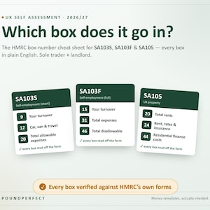 May include: A digital cheat sheet for UK Self Assessment 2026/27 titled Which box does it go in? featuring three dark green cards labeled SA103S, SA103F, and SA105. Each card lists specific tax form box numbers and descriptions for sole traders and landlords.